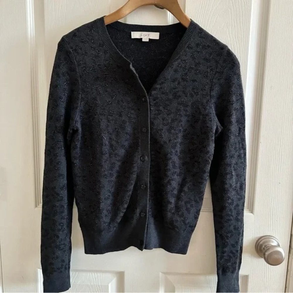 LOFT. Sparkly black animal print button down cardigan